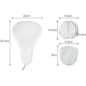 A foldable fan in white, displaying dimensions and featuring a compact design for easy storage.