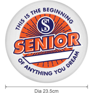 A frisbee in white and orange with a circular design and a logo, featuring the word "SENIOR" prominently displayed.