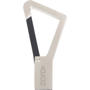 A triangular silver carabiner USB flash drive with a black accent, featuring a logo.