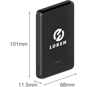 A black 5000mAh magnetic wireless power bank with a logo, measuring 101mm x 68mm x 11.5mm.