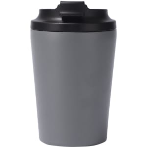 A drink bottle featuring a 350ML powder-coated stainless steel body in grey with a black lid and a logo.