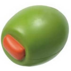 A green olive-shaped stress reliever with an orange detail, featuring a logo.
