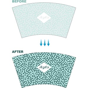 A curved design featuring a pattern that changes from a light to a darker green, with a logo in the centre.