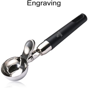 A stainless steel ice cream scoop with a black handle and an easy trigger mechanism. It features a logo.