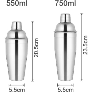 Two stainless steel cocktail shakers in silver colour, one 550ml and one 750ml, with measurements displayed.