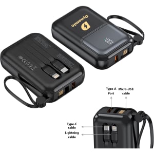 A black 10000mAh eco portable power bank with multiple charging ports and a digital display. It includes a logo.