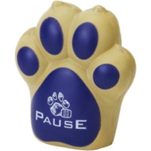 A dog paw-shaped stress reliever in yellow and blue with a logo on its surface.