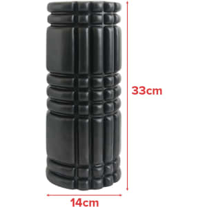 A foam massage roller in black, featuring a textured design, measuring 33cm in height and 14cm in diameter.