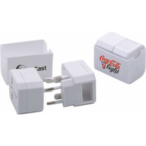 A white universal plug travel adapter set with multiple attachments and a branded case.
