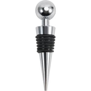A drink bottle stopper in silver and black, featuring a sleek, pointed design and a spherical top.
