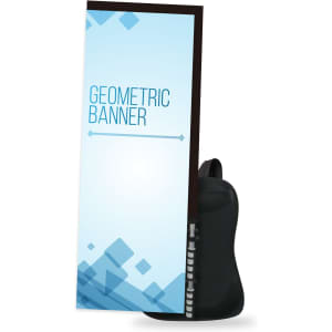 A rectangular backpack with a geometric blue banner attached, featuring a black base and carrying straps.