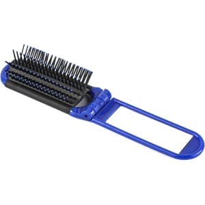 A folding hair brush with a mirror in blue and black, featuring a compact design for easy storage.