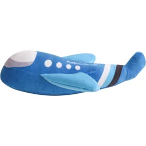A blue and light blue plush toy shaped like an airplane, featuring white details and a small logo.