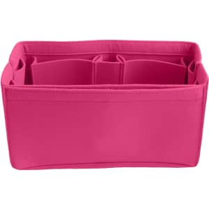 A pink felt bag organiser featuring multiple compartments for storage and organisation. It has a simple, smooth design.