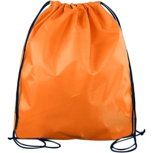 An orange polyester drawstring bag with black cords, featuring a simple design and no visible branding.