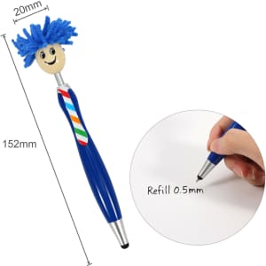 A blue pen with a smiling character topper featuring blue yarn hair and a striped design on the body.