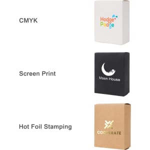 A small square gift box in white, black, and kraft, featuring various print styles including screen print and foil stamping.