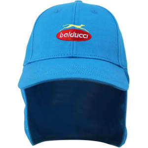 A blue sport cap with a flap and a logo on the front. The cap features a curved brim and a cotton texture.