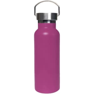 A drink bottle in vibrant pink with a stainless steel lid and a handle. It features a logo.