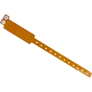 A reflective orange PVC wristband with holes for adjusting size and a branding area at one end.