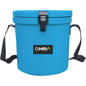 A blue 12L ice bucket with a secure lid and a handy rope handle, featuring a logo on the front.