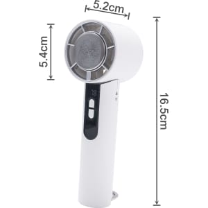 A high-speed cooling fan in white, featuring a circular grille and a handle, with measurement details visible.