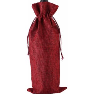 A red wine drawstring bag made of textured fabric, featuring a cinched opening and a flat base.