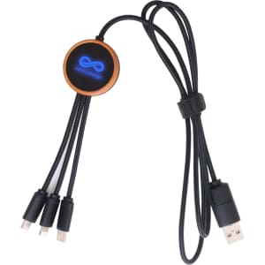 A round-shaped charging cable in black with an illuminated connection point and multiple USB attachments.