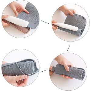 A grey silicone hair straightener pad with a white handle, shown being used in multiple steps.