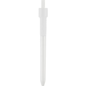 A white pen with a click mechanism and a clear barrel, featuring a logo on the upper part.