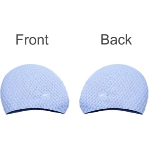 A premium silicone swimming cap in light blue, featuring a textured surface and a logo, displayed from front and back.
