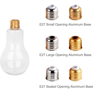 A drink bottle shaped like a light bulb, made of clear plastic, with a gold-coloured metal cap.