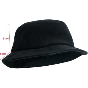 A black terry towelling bucket hat with a wide brim and soft texture, featuring a logo. Dimensions indicated.