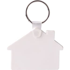 A white house-shaped keyring with a silver key ring attachment. It features a simple design and has a branding logo.