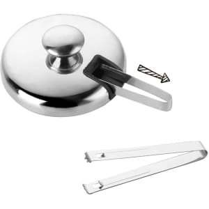 A stainless steel ice bucket with a lid and tongs, featuring a sleek design and a polished finish.
