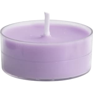 A tealight candle in a clear holder, featuring a soft purple hue.