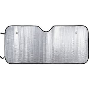 A silver bubble aluminium car sunshade with a black trim, featuring eyelets for secure attachment.