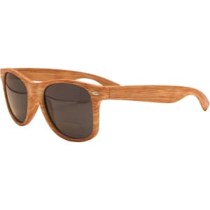 Wooden sunglasses with a light brown wooden frame and dark lenses, featuring a logo on the side.