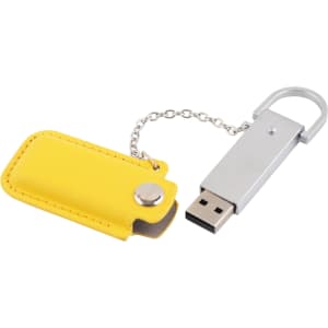 A yellow leather pouch containing a silver flash drive, connected by a chain.