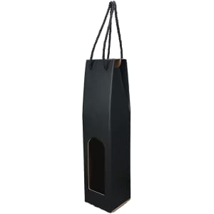 A wine box in sleek black with a rope handle and a window cutout, featuring a logo on the side.