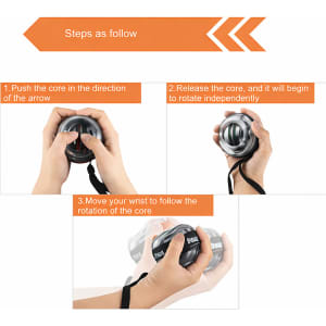 An instructional image featuring a black and silver wrist ball, showing steps for use with a logo present.