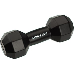 A black dumbbell-shaped stress reliever with a logo on the handle.