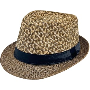 A straw woven top hat in shades of tan and brown, featuring a black band. The hat has a textured design.