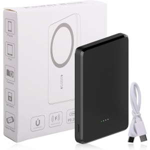 A black 5000mAh magnetic wireless power bank with a USB cable, packaged in a box featuring various icons and a logo.