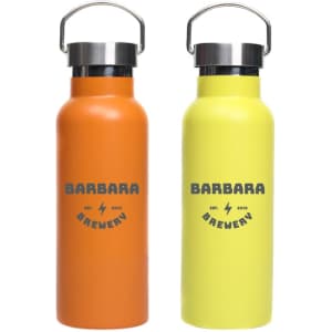 A drink bottle set featuring two 500ml double wall vacuum bottles in orange and yellow, with stainless steel lids and logos.
