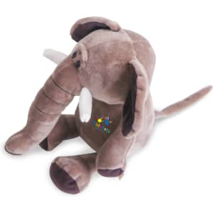 A brown elephant plush toy with floppy ears and a stitched trunk, featuring a logo on its front.