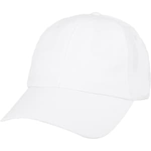 A lightweight cap in white with a rounded crown and a curved brim. It includes a logo on the front.
