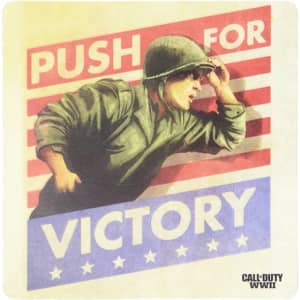 A cork coaster featuring a soldier with a vintage graphic design, predominantly in red, white, and blue hues.