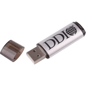 A silver Saturn flash drive with a clear cap, featuring a logo on its body.