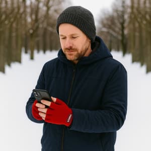 A man in a navy jacket and a grey beanie wears red fingerless gloves while using a smartphone in a snowy lane.